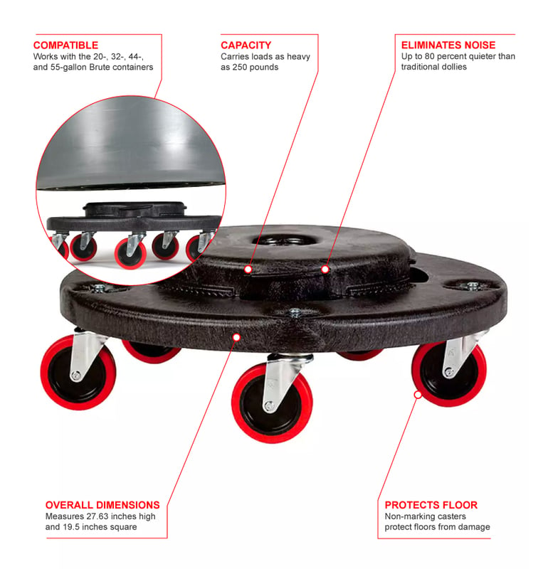 Rubbermaid FG264043BLA Round Plastic Trash Can Dolly w/ Raised Center ...