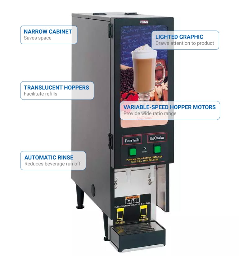 Bunn FMD-2 Fresh Mix Hot Powdered Drink Machine, 2 Hoppers, Standard  Display, 120v (SET00.0200)