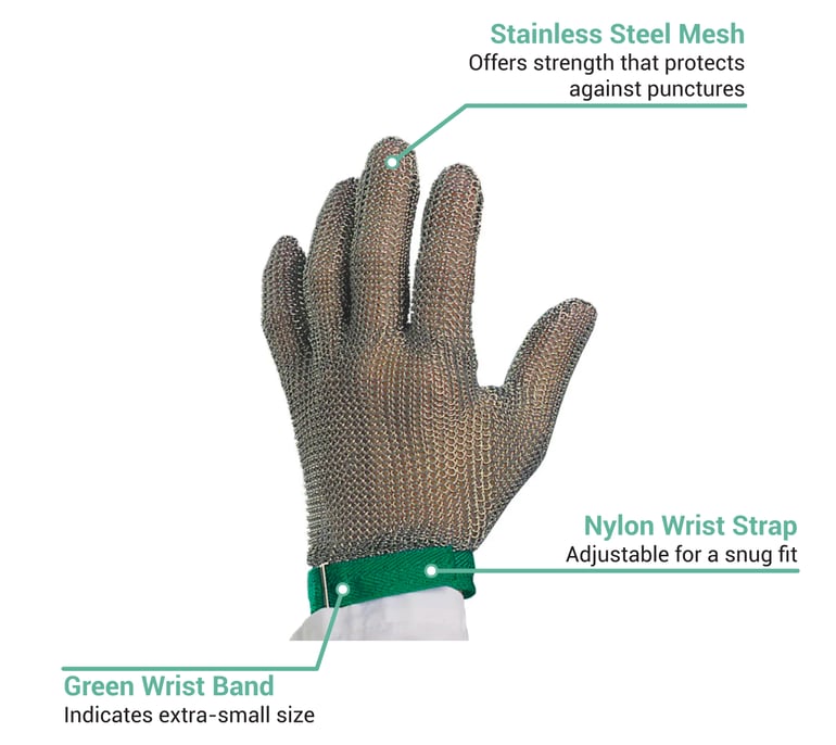 Victorinox 7.9039.XS saf-T-gard GU-500 Green Cut Resistant Stainless Steel  Mesh Glove - Extra-Small