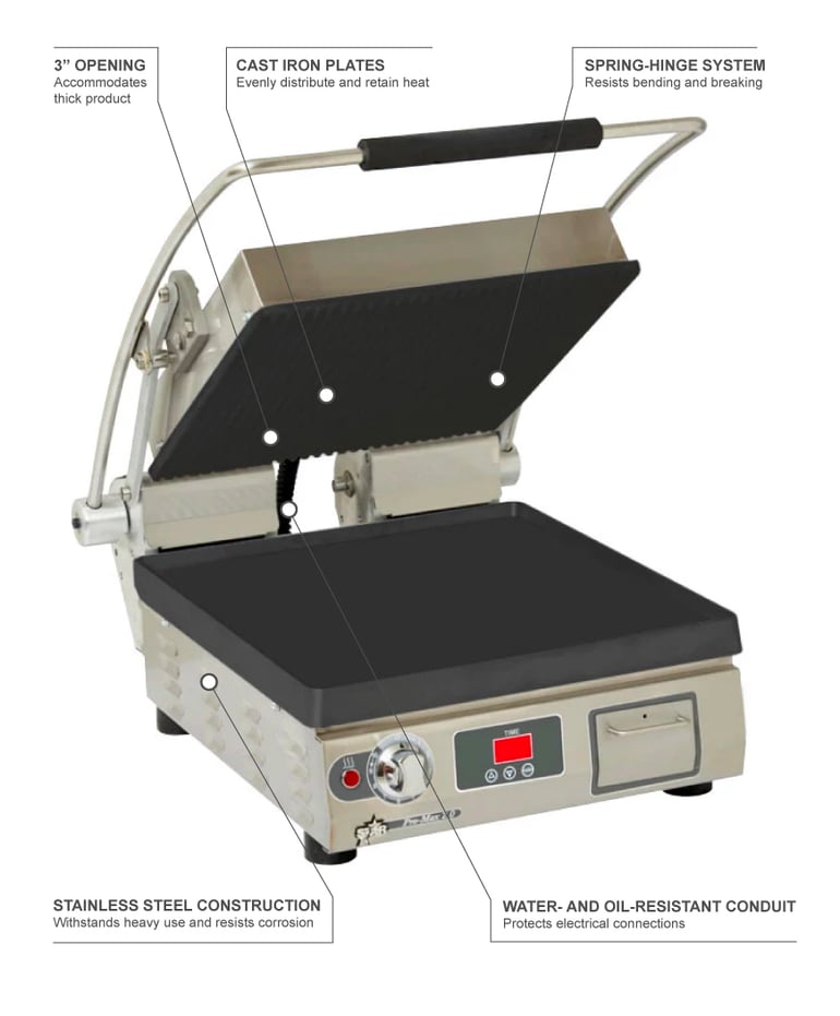 Commercial Panini Press With Grooved Grill Sandwich Maker Machine Electric  Contact Grill Single (Single Grooved Top&Smooth Bottom)