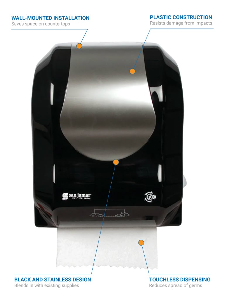 San Jamar T7470BKSS Wall Mount Touchless Roll Paper Towel Dispenser -  Plastic, Black/Stainless