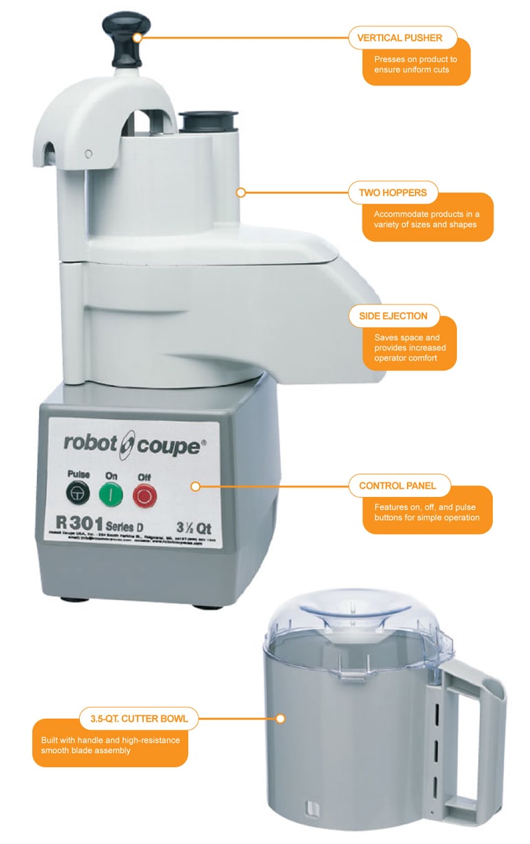 Robot Coupe R301B Commercial Food Processor, plastic bowl attachment with  handle only, 3.7 liter capacity, 1725 RPM, 120v/60/1-ph, 9 amps, 1-1/2 HP