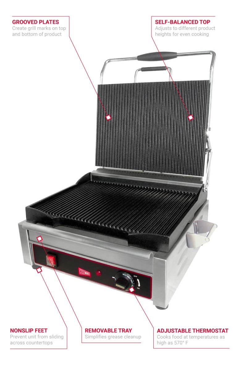 Cecilware Pro SG1LG Single Commercial Panini Press w/ Cast Iron Grooved  Plates, 120v