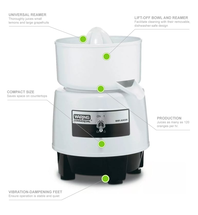 Waring BJ120C Compact Citrus Bar Juicer w Lift Off Bowl 1 liter Serving Container