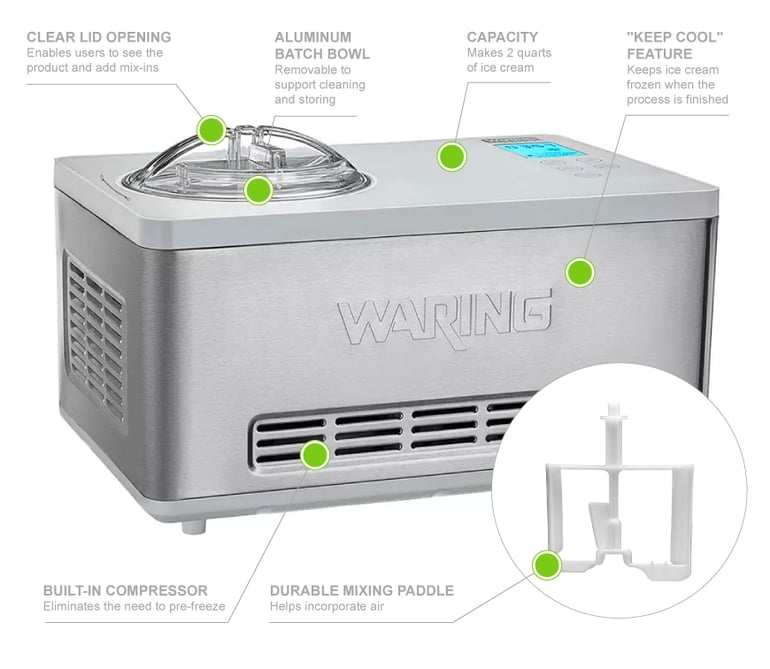 Waring WCIC20 2 qt Electric Ice Cream Maker Stainless 120v