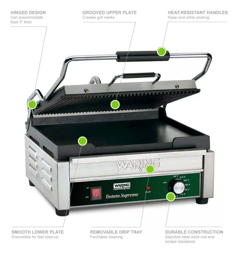 Waring WDG250 Double Commercial Panini Press w Cast Iron Grooved Smooth Plates 120v
