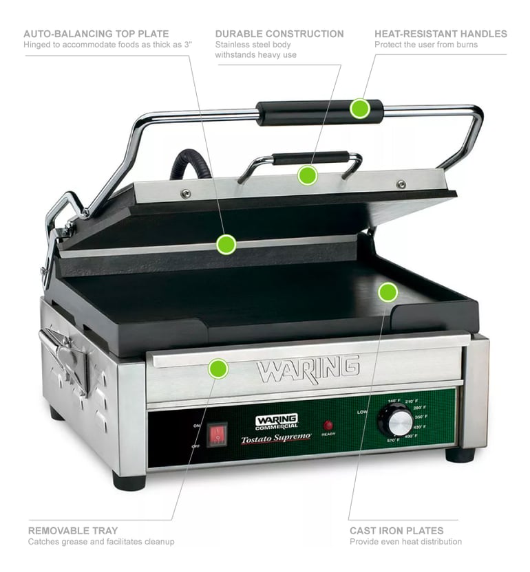 Waring WFG275T Single Commercial Panini Press w/ Cast Iron Smooth Plates,  120v