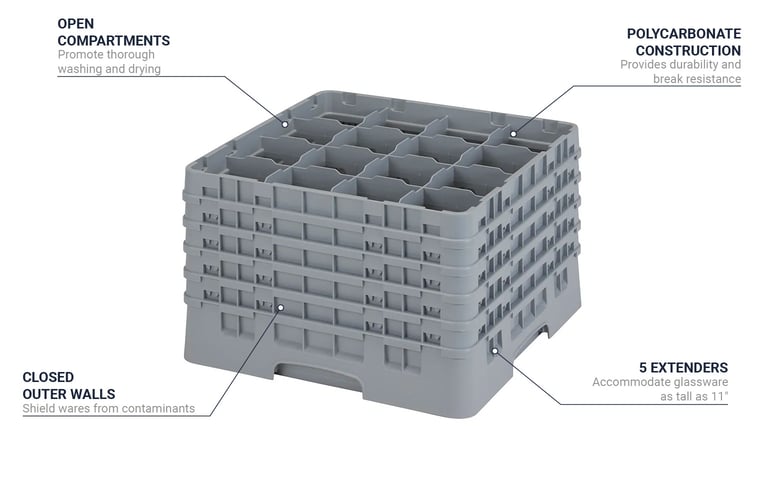 Cambro 16S434151 Camrack ® Glass Rack W/ (16) Compartments - (2) Gray Extenders