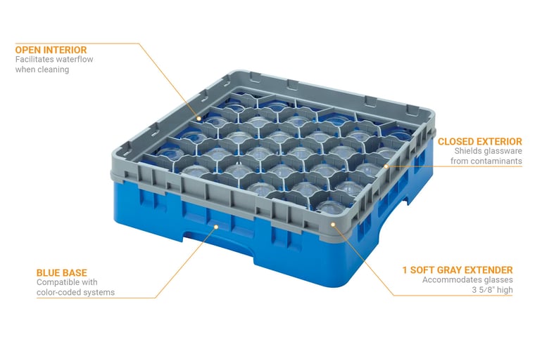 Cambro 16S434151 Camrack ® Glass Rack W/ (16) Compartments - (2) Gray Extenders