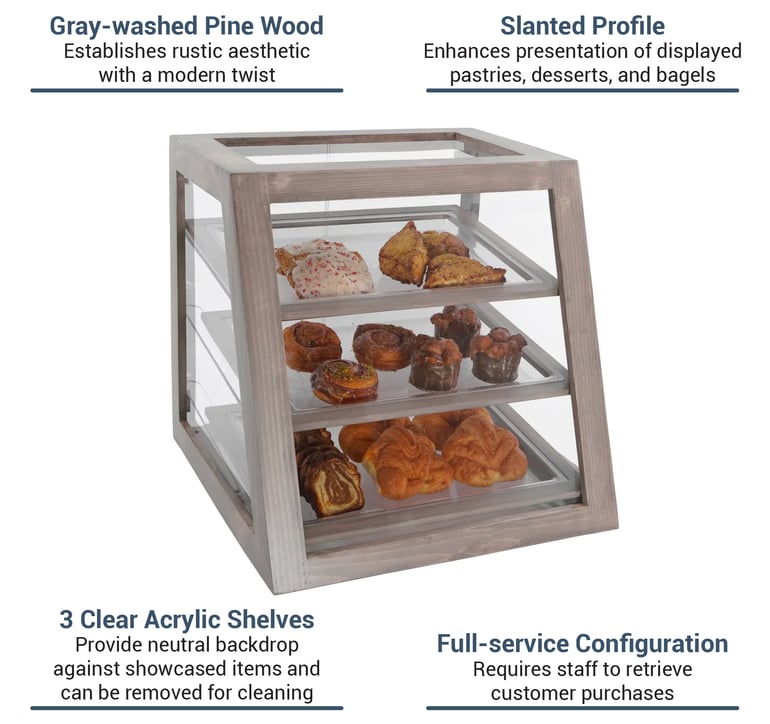 Cal-Mil 3432-110 3 Slanted Tier Full Service Pastry Display Case - 21W x  21 1/2D x 21 1/2H, Pine Wood, Gray Wash