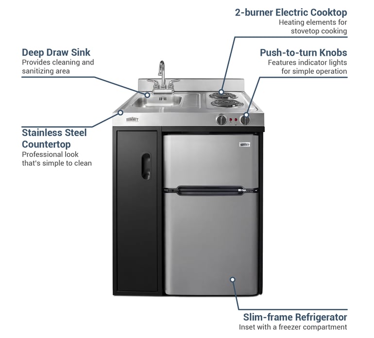 Summit C30ELBK 30 Kitchenette w Sink Cooktop Refrigerator Freezer Black Stainless 115v