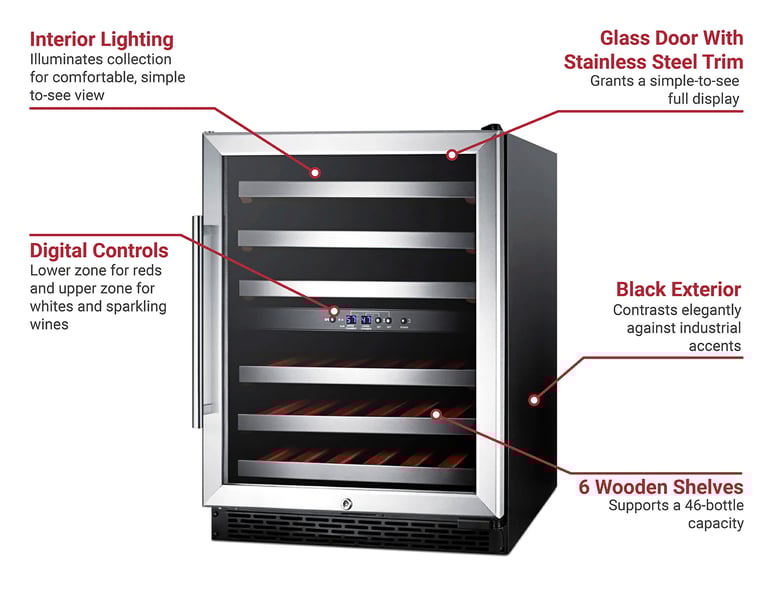 Summit SWC530BLBIST 23 5/8" One Section Wine Cooler w/ (2) Zones 36