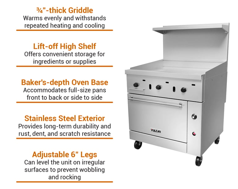 36 Commercial Stainless Steel Gas Range, 36 Griddle with Standard Oven