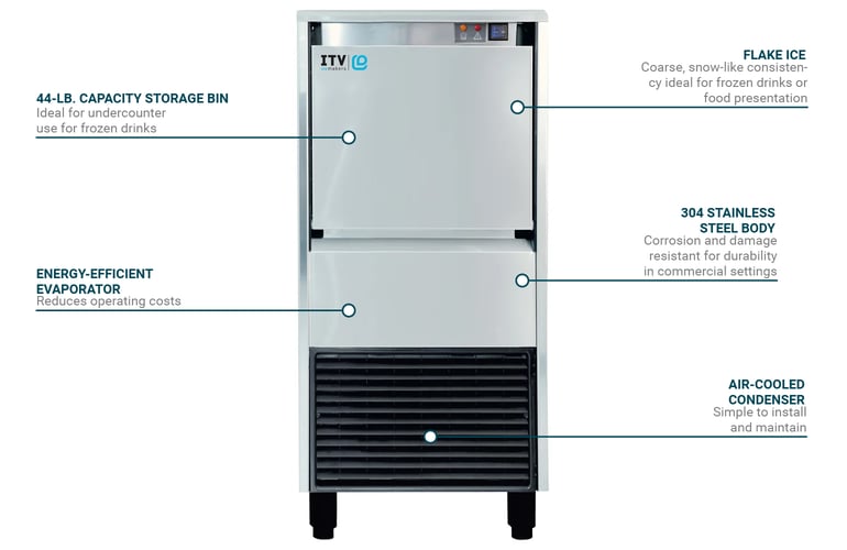 ITV Ice Makers IQ200CA 18 1/4"W Flake Undercounter Ice Machine 220 lbs/day, Air Cooled, 115v