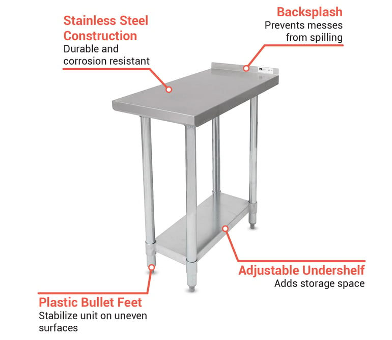 John Boos EFT8-3018 Stainless Steel 430 Riser Top Filler Table 18 Length x 30 Width 1.5 Turn Up with Adjustable Undershelf 