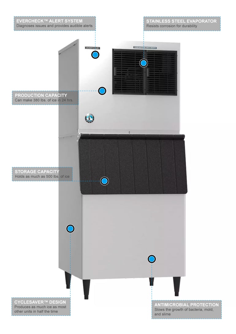Hoshizaki KML-500MAJ Low Profile 30 Air Cooled Crescent Cube Ice Machine  with Stainless Steel Finish Ice Storage Bin - 442 lb. Per Day, 500 lb.  Storage