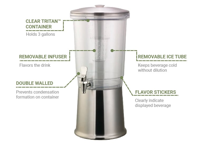Service Ideas CBDDW3GSS 3 Gal Double Walled Beverage Dispenser w/ Infuser - Plastic Container, Stainless Base, Clear Tritan Container, Brushed Finish