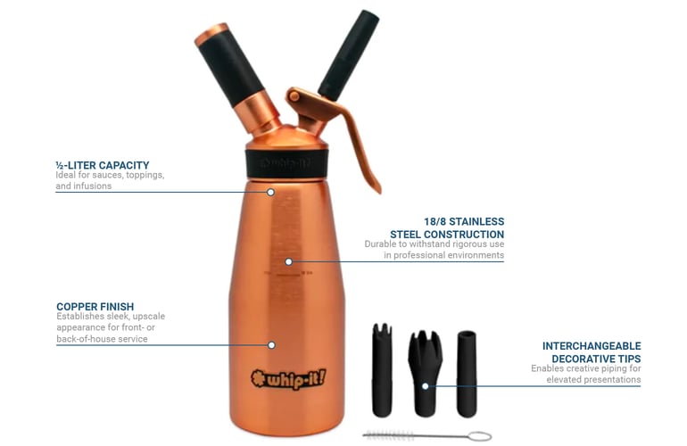 Whip-It! DC-STEL-H01S 1/2 liter Whipped Cream Dispenser w/ (3) Nozzles -  Stainless Steel, Copper