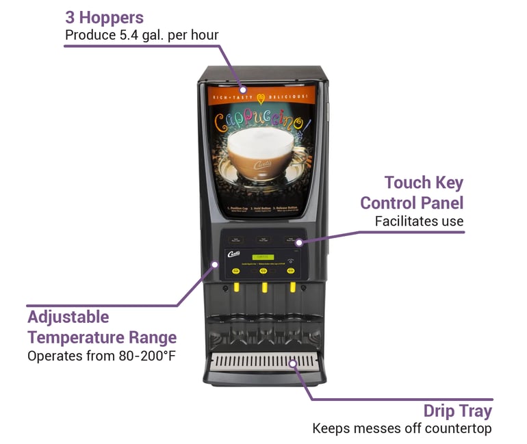 Curtis PCGT3 Cappuccino Machine w 1 5 lb 2 10 lb Hoppers 3 Dispensers 120v