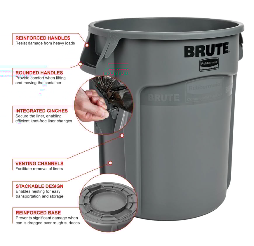 Rubbermaid FG262000GRAY 20 gallon Brute Trash Can Plastic, Round