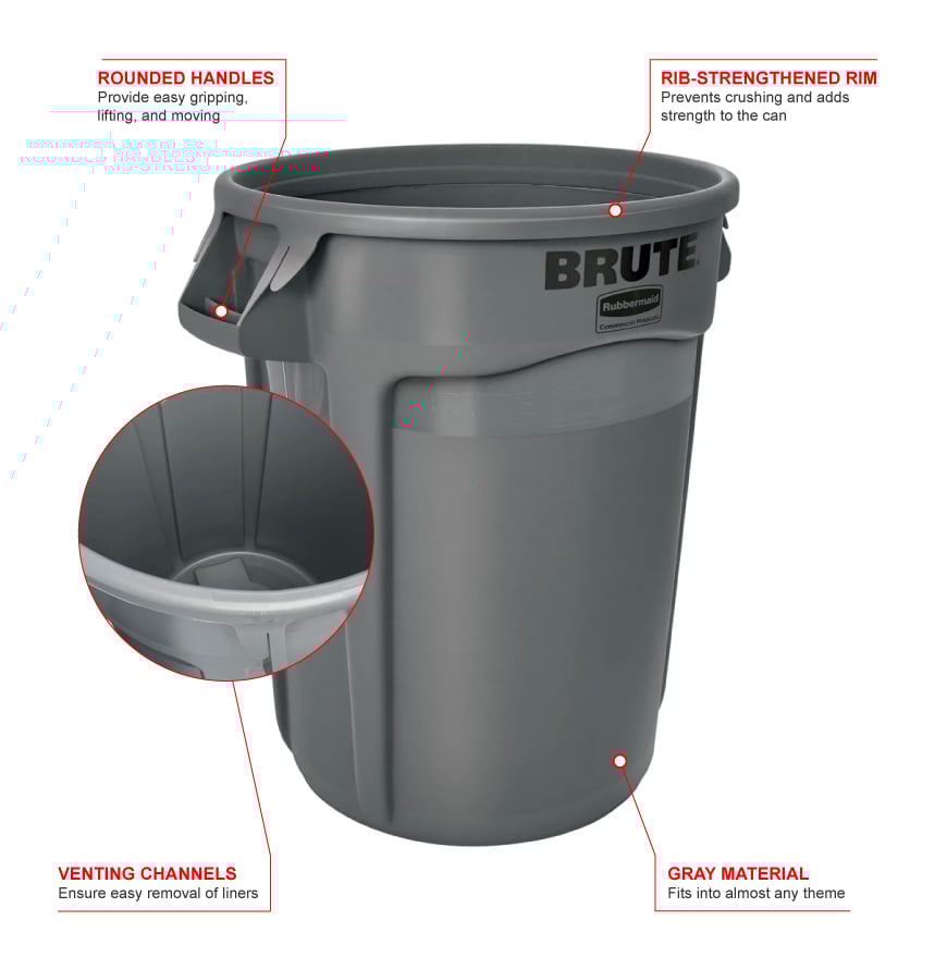 Rubbermaid FG263200GRAY 32 gallon Brute Trash Can Plastic, Round