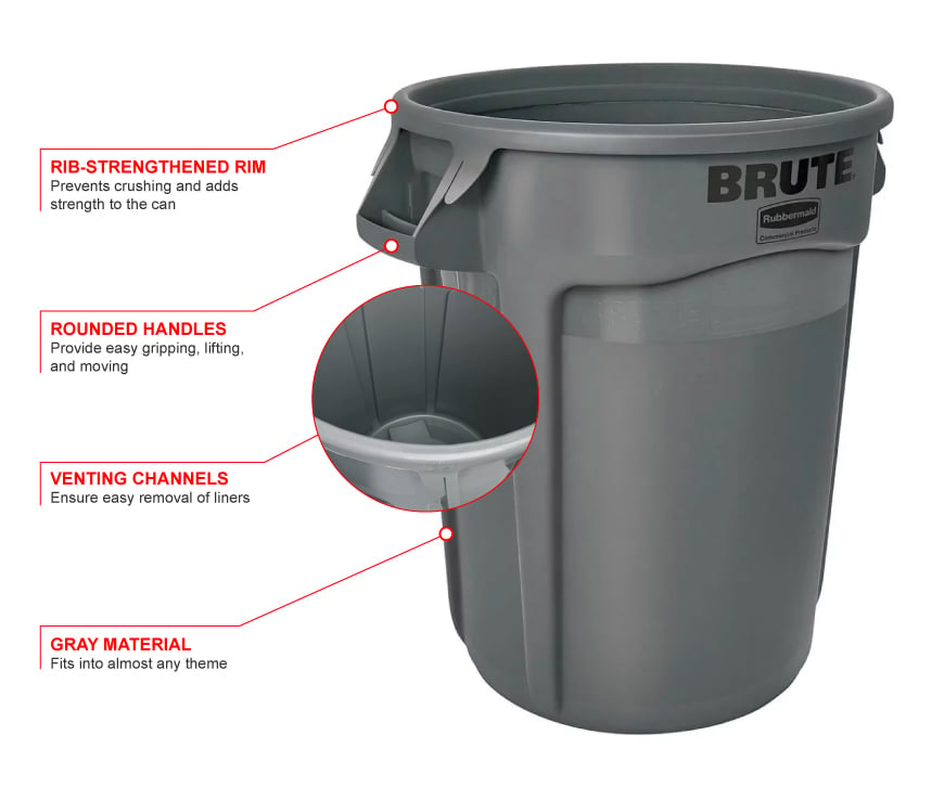 Rubbermaid Fg264360gray 44 Gallon Brute Trash Can - Plastic, Round 