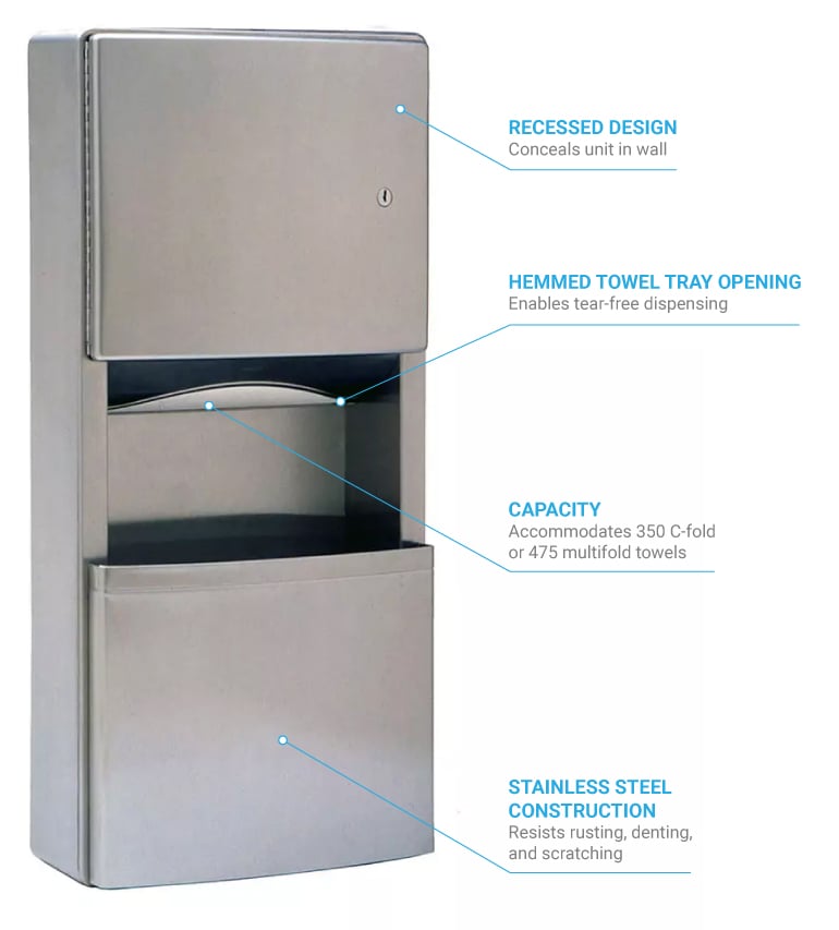 Bobrick B3699 2 gallon Mount Bathroom Trash Can w/ Paper Towel