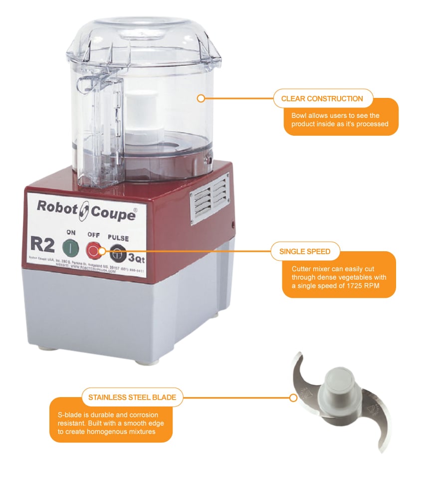 Robot Coupe R2BCLR Cutter Mixer w/ 3 qt Clear Bowl, Smooth Edge SBlade