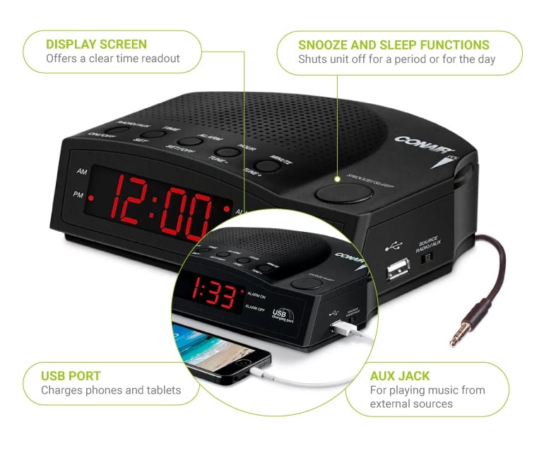 Conair Hospitality WCR14 Alarm Clock Radio w/ USB Charging Port & AUX