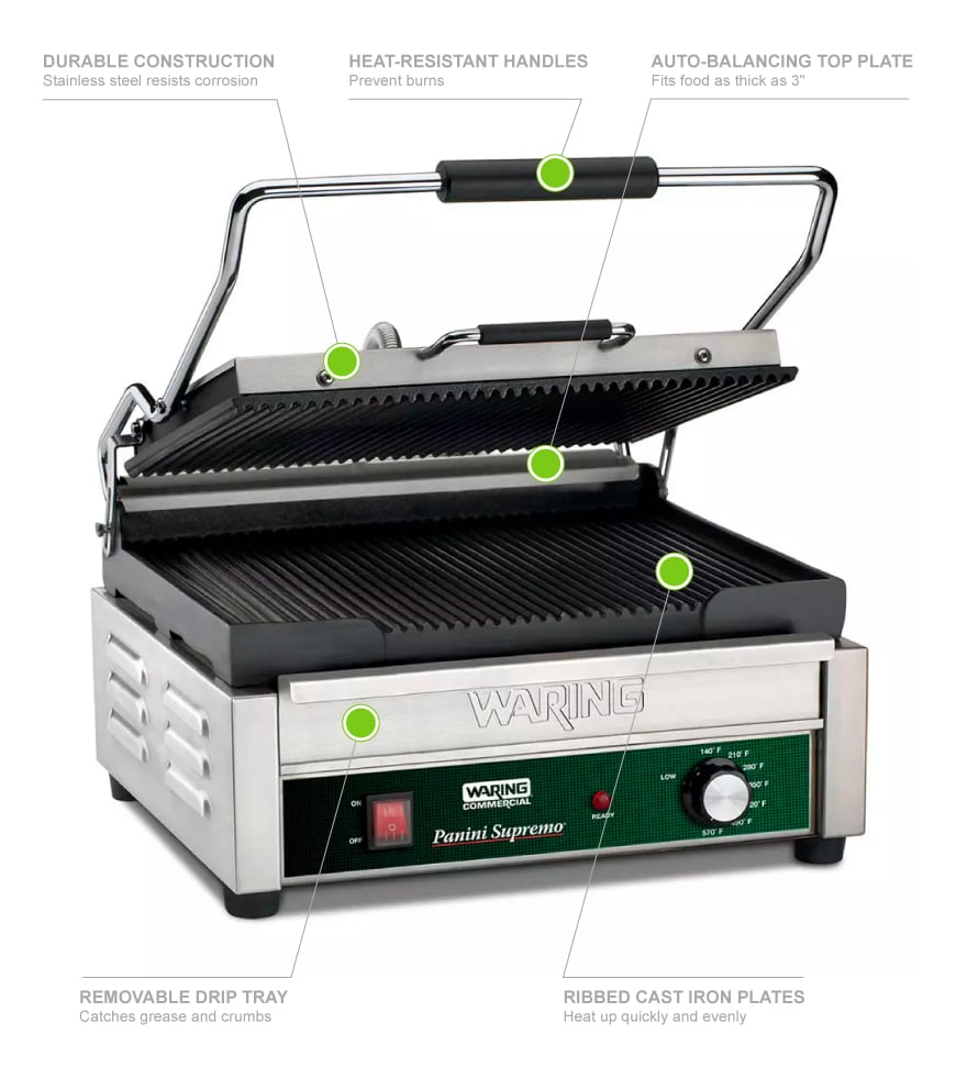 Waring WPG250B Single Commercial Panini Press W/ Cast Iron Grooved ...