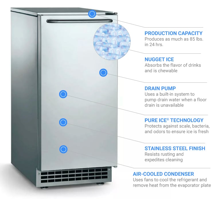 IceOMatic GEMU090 14 7/8"W Nugget Undercounter Ice Maker 85 lbs/day, Air Cooled w/ Pump Kit
