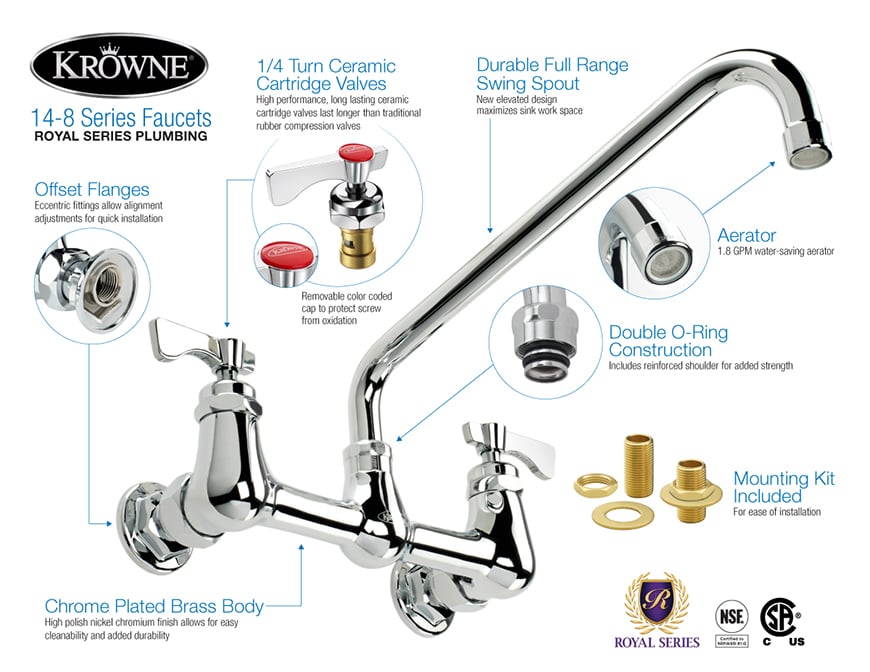 Krowne 14818L Splash Mount Faucet w/ 18" Double Jointed Swing Nozzle