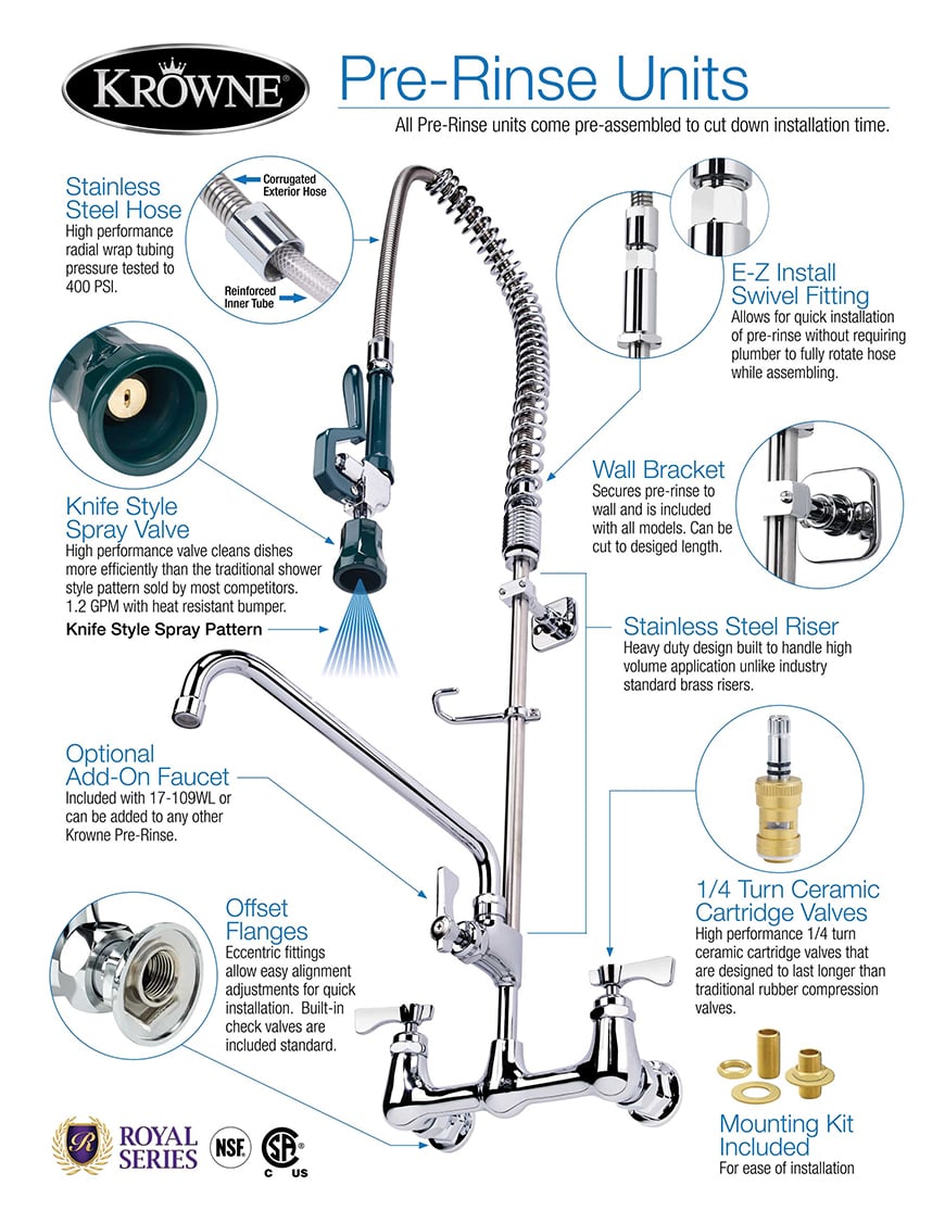 Krowne 17109WL 36"H Wall Mount Pre Rinse Faucet 1 1/5 GPM, Base with