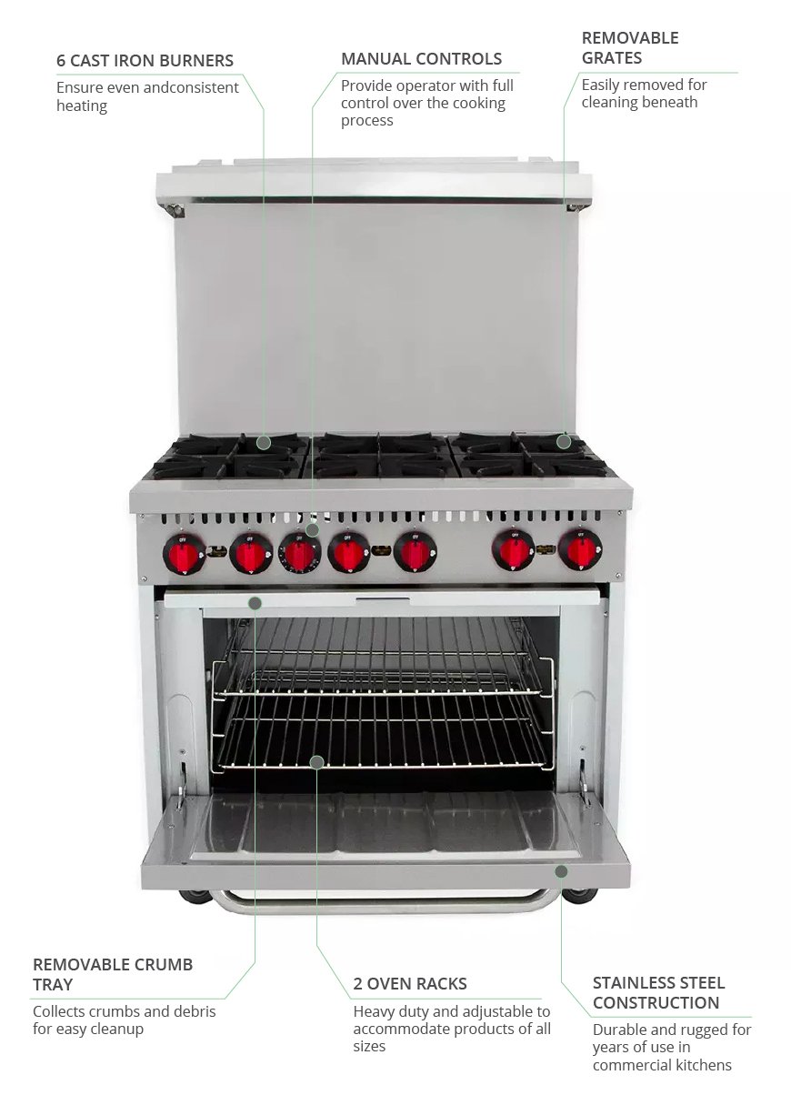 MoTak MR6 36" 6 Burner Gas Range w/ Standard Oven
