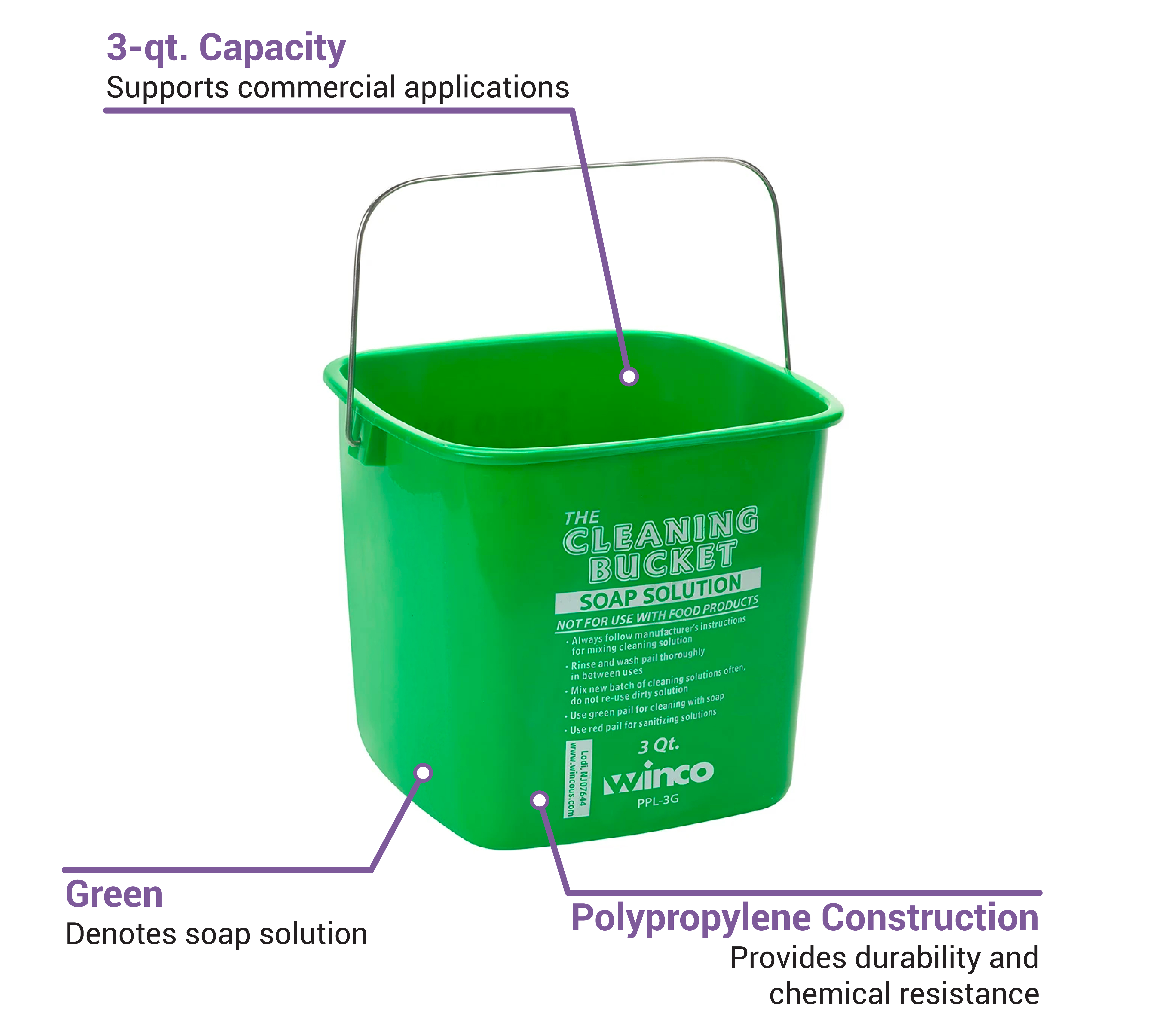 Winco PPL-3G Cleaning Bucket, 3-Quart, Green Soap Solution