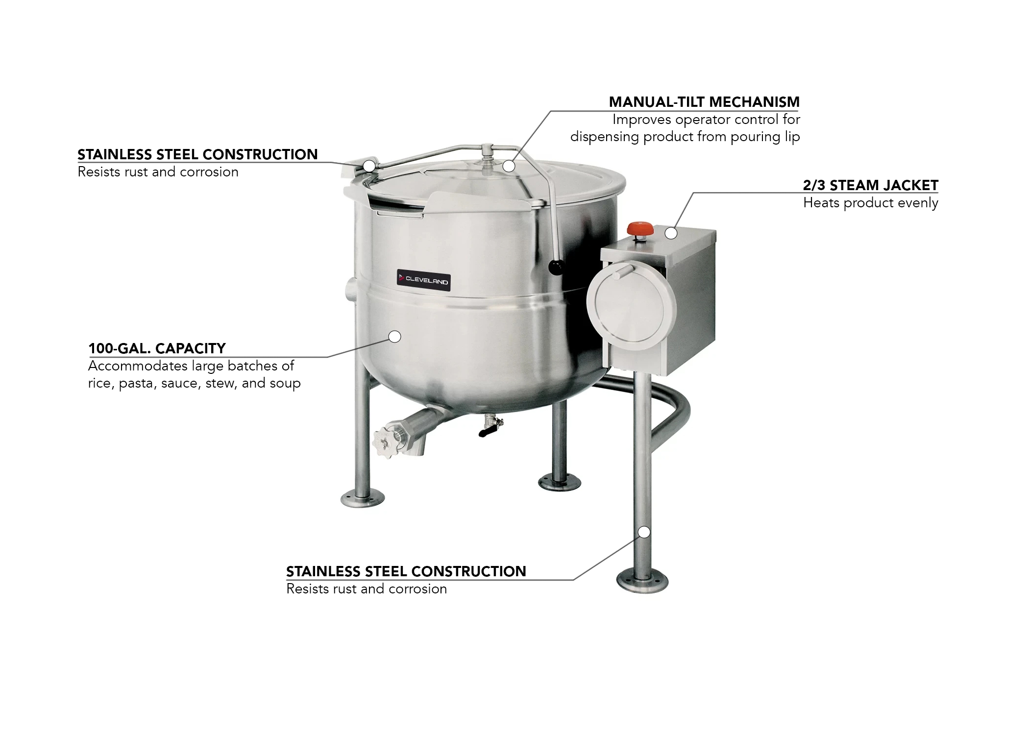 Cleveland KDL100T 100 Gal Steam Kettle Manual Tilt 2 3 Jacket